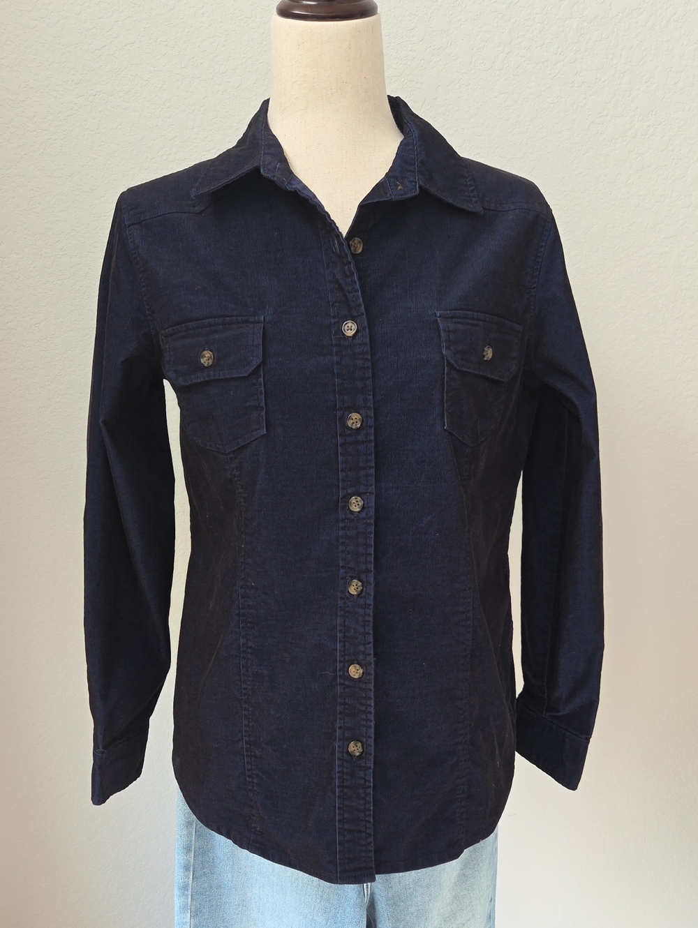 Womens Cato Navy Indigo Blue Button-Front Corduroy Shirt Shacket Classic Yolk